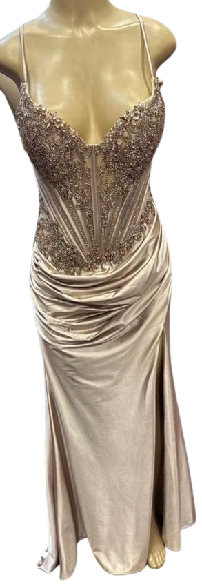 Sweetheart Beaded Corset Spaghetti Strap Lace-Up Back Mermaid Slit Satin Prom Dress by CT-2713