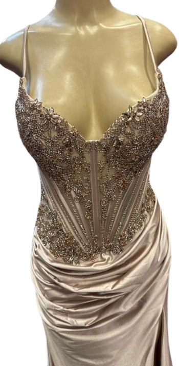 Sweetheart Beaded Corset Spaghetti Strap Lace-Up Back Mermaid Slit Satin Prom Dress by CT-2713