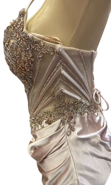 Sweetheart Beaded Corset Spaghetti Strap Lace-Up Back Mermaid Slit Satin Prom Dress by CT-2713