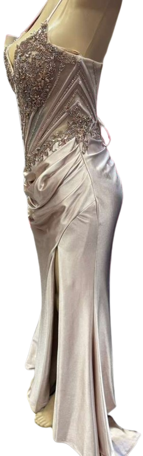 Sweetheart Beaded Corset Spaghetti Strap Lace-Up Back Mermaid Slit Satin Prom Dress by CT-2713