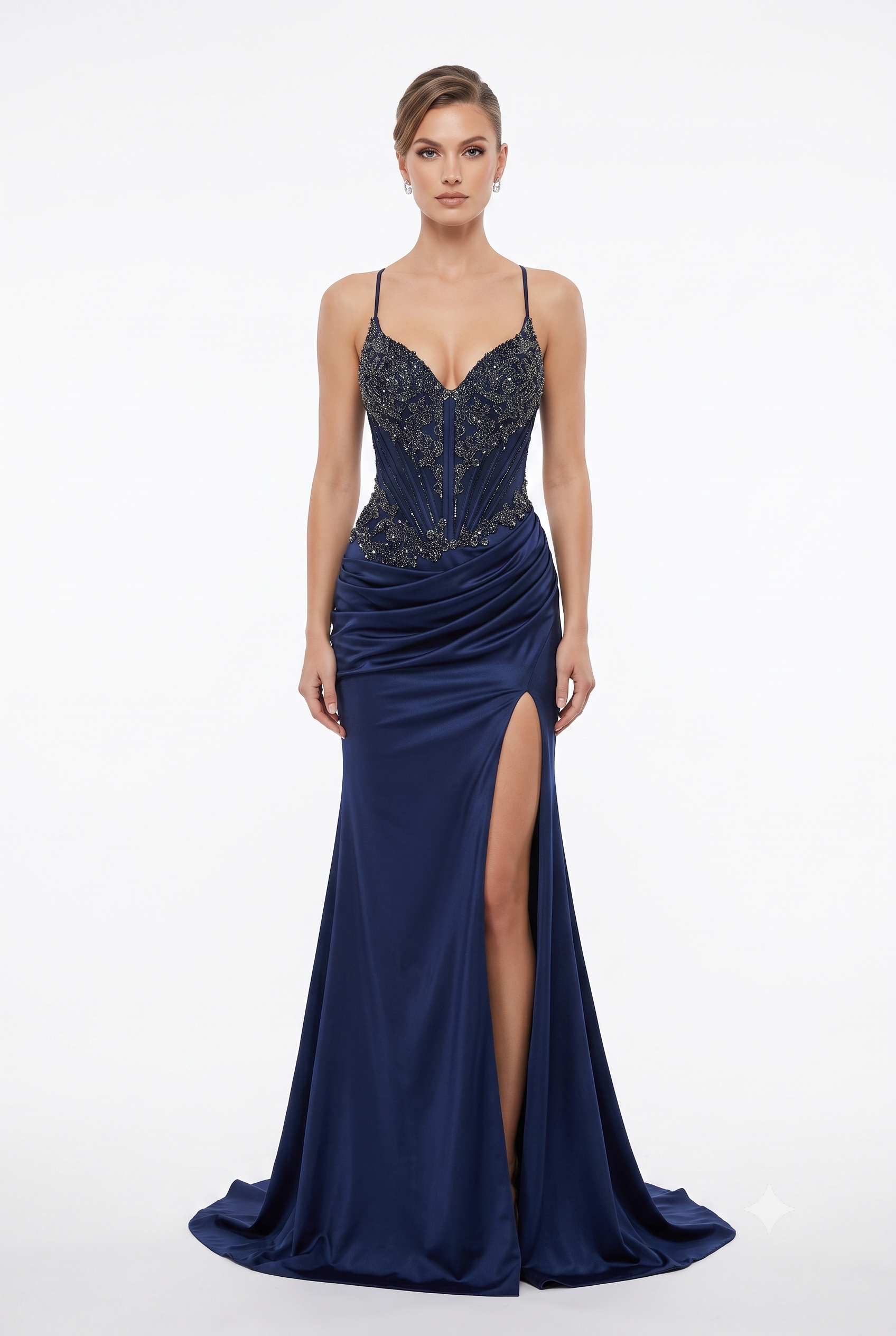 Sweetheart Beaded Corset Spaghetti Strap Lace-Up Back Mermaid Slit Satin Prom Dress by CT-2713