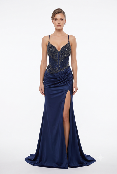 Sweetheart Beaded Corset Spaghetti Strap Lace-Up Back Mermaid Slit Satin Prom Dress by CT-2713