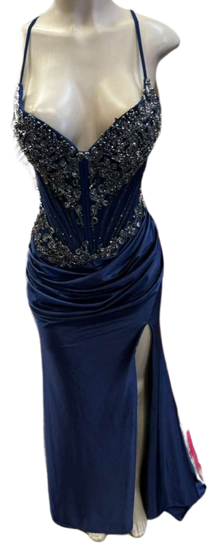 Sweetheart Beaded Corset Spaghetti Strap Lace-Up Back Mermaid Slit Satin Prom Dress by CT-2713