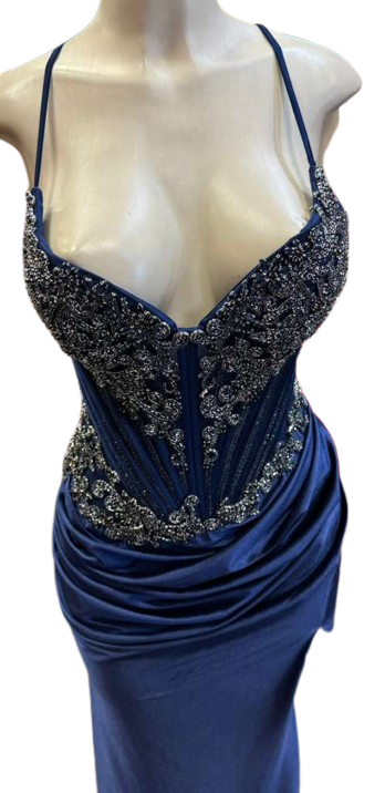 Sweetheart Beaded Corset Spaghetti Strap Lace-Up Back Mermaid Slit Satin Prom Dress by CT-2713