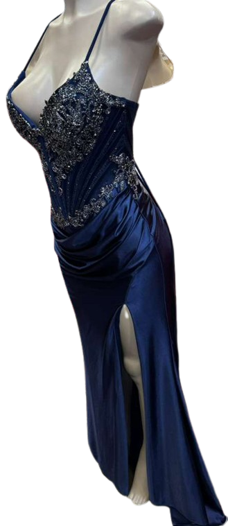 Sweetheart Beaded Corset Spaghetti Strap Lace-Up Back Mermaid Slit Satin Prom Dress by CT-2713