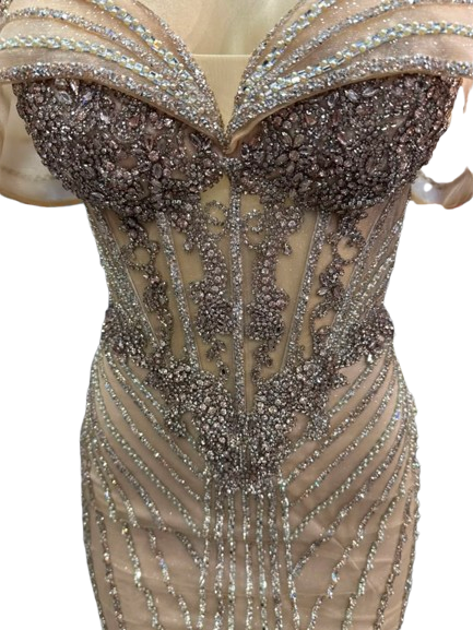 Off-Shoulder Sheer Corset Evening Gown with Crystal Beading Beaded Mermaid Prom Dress by CT-2715