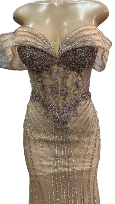 Off-Shoulder Sheer Corset Evening Gown with Crystal Beading Beaded Mermaid Prom Dress by CT-2715