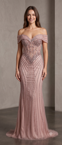 Off-Shoulder Sheer Corset Evening Gown with Crystal Beading Beaded Mermaid Prom Dress by CT-2715