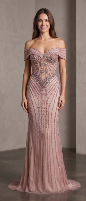 Off-Shoulder Sheer Corset Evening Gown with Crystal Beading Beaded Mermaid Prom Dress by CT-2715