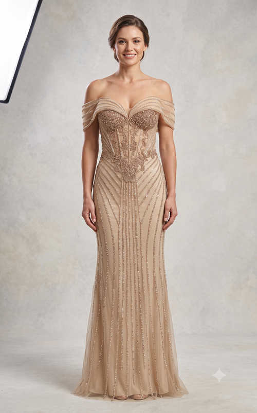 Off-Shoulder Sheer Corset Evening Gown with Crystal Beading Beaded Mermaid Prom Dress by CT-2715