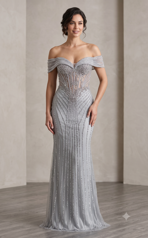 Off-Shoulder Sheer Corset Evening Gown with Crystal Beading Beaded Mermaid Prom Dress by CT-2715