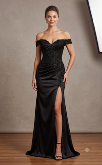 Off-Shoulder Beaded Corset Prom Dress with Sheer Bodice, Lace-Up Back & High Slit by CT-2725