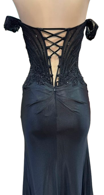Off-Shoulder Beaded Corset Prom Dress with Sheer Bodice, Lace-Up Back & High Slit by CT-2725