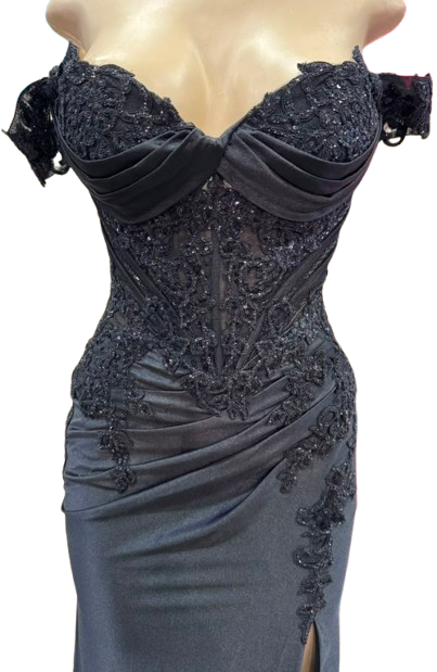 Off-Shoulder Beaded Corset Prom Dress with Sheer Bodice, Lace-Up Back & High Slit by CT-2725