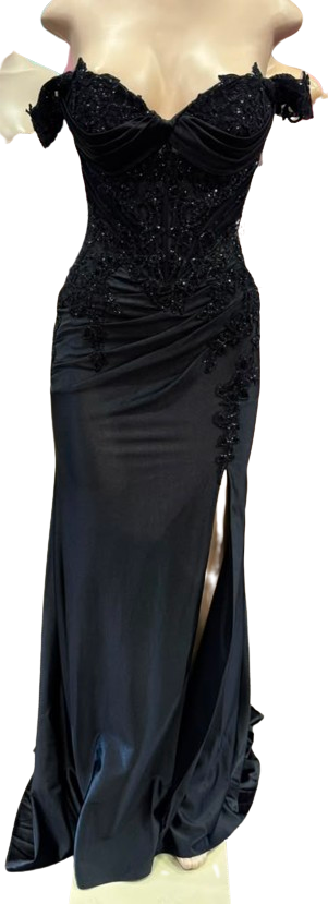 Off-Shoulder Beaded Corset Prom Dress with Sheer Bodice, Lace-Up Back & High Slit by CT-2725