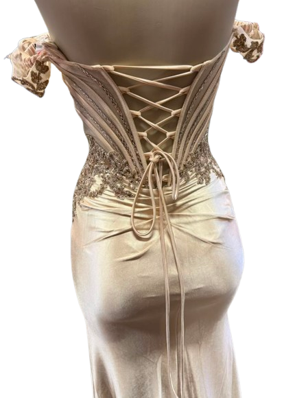 Off-Shoulder Beaded Corset Prom Dress with Sheer Bodice, Lace-Up Back & High Slit by CT-2725