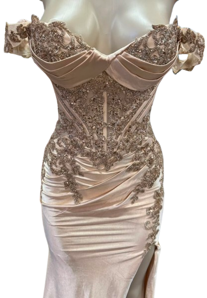 Off-Shoulder Beaded Corset Prom Dress with Sheer Bodice, Lace-Up Back & High Slit by CT-2725