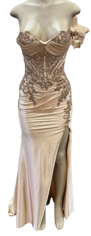 Off-Shoulder Beaded Corset Prom Dress with Sheer Bodice, Lace-Up Back & High Slit by CT-2725