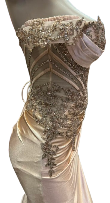 Off-Shoulder Beaded Corset Prom Dress with Sheer Bodice, Lace-Up Back & High Slit by CT-2725