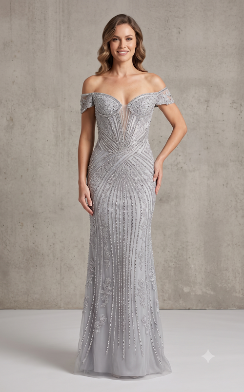 Off-Shoulder Beaded Mermaid Prom Dress with Corset Back & Removable Straps Sequin Lace by CT-2727