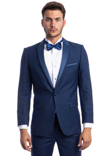 Esmoquin de corte entallado para hombre, con un botón y ribete de satén, solapa de pico, para graduación y boda, en azul cobalto.