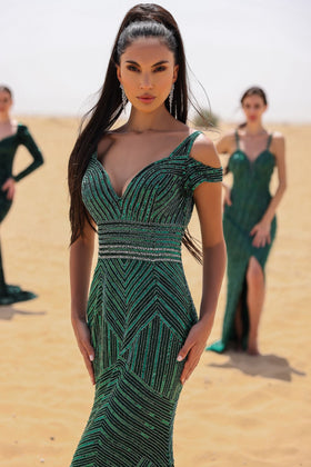 Chic and Holland AN330040 V-Neck Beaded Evening Gown