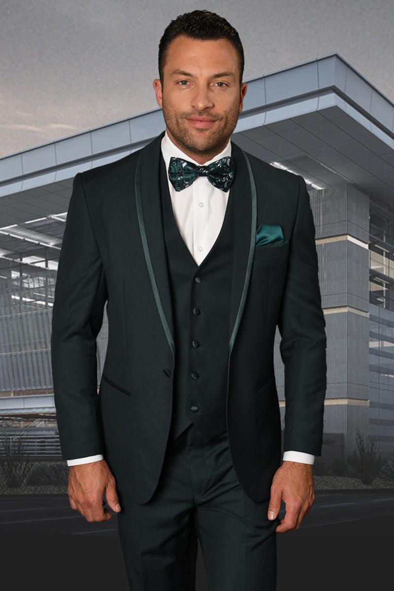 Esmoquin para hombre con chal y ribete de satén para boda y graduación en verde cazador