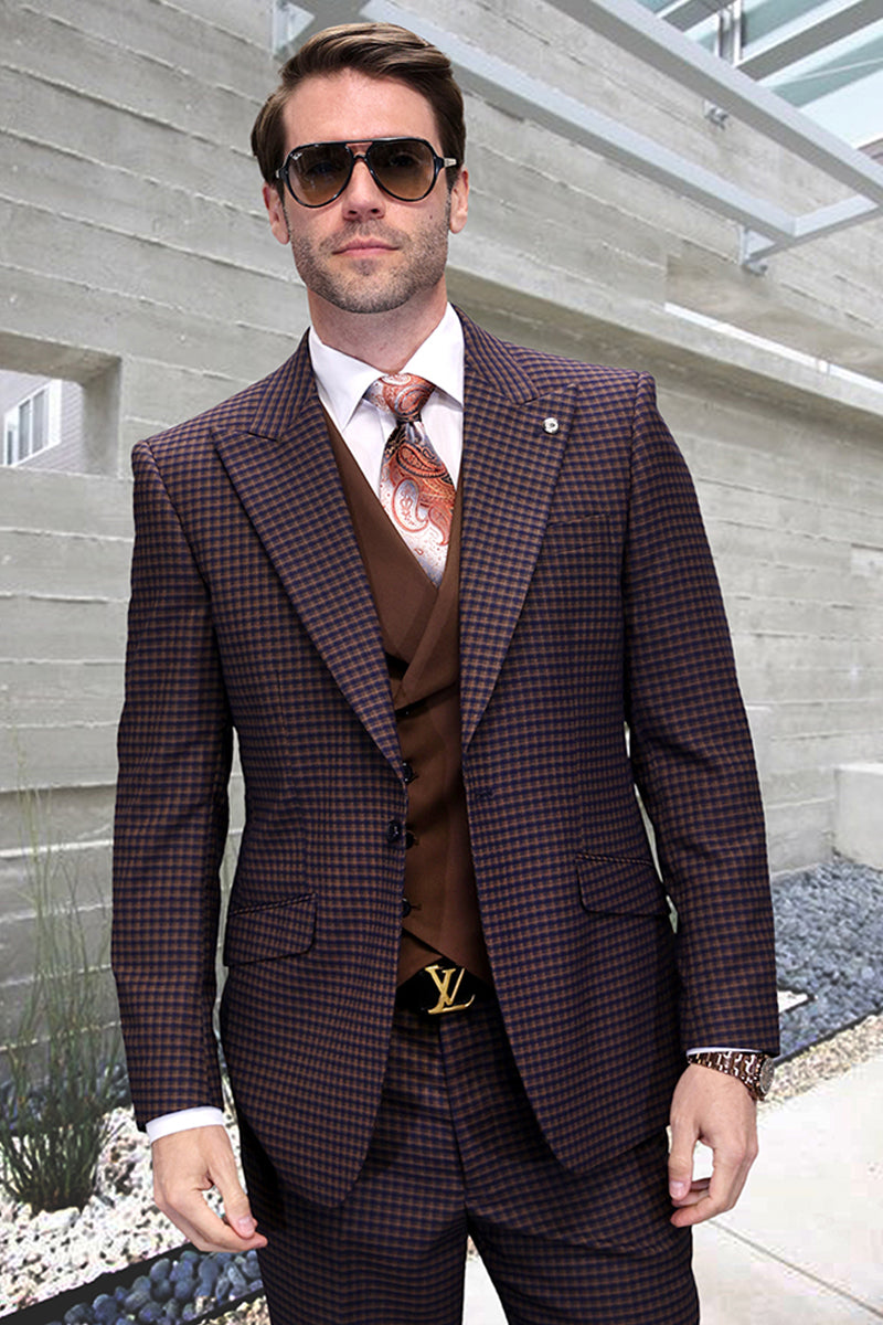 Traje de lana de diseñador para hombre con solapa de pico y un botón en microcuadros color cobre