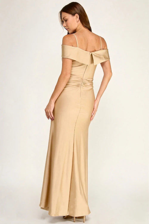 Off-Shoulder Satin Evening Gown with Ruched Waist & High Slit Sweetheart Neckline by Perrty 3130