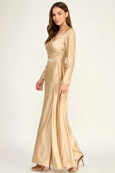 Long Sleeve V-Neck Ruched Draped Sheath Full-Length Mother of the Bride Dress by Perrty 3129
