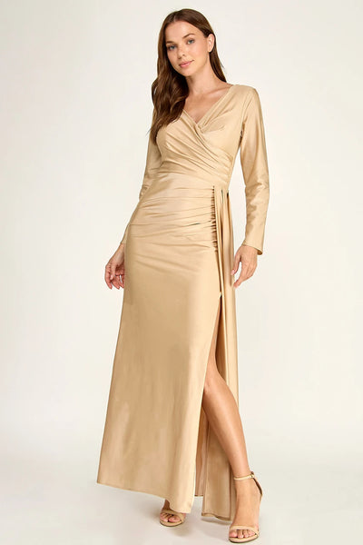 Long Sleeve V-Neck Ruched Draped Sheath Full-Length Mother of the Bride Dress by Perrty 3129