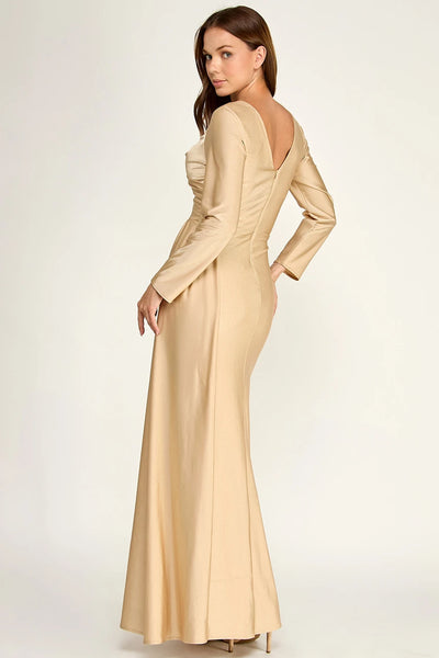 Long Sleeve V-Neck Ruched Draped Sheath Full-Length Mother of the Bride Dress by Perrty 3129