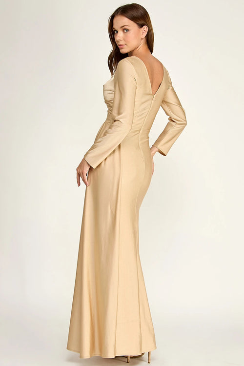 Long Sleeve V-Neck Ruched Draped Sheath Full-Length Mother of the Bride Dress by Perrty 3129