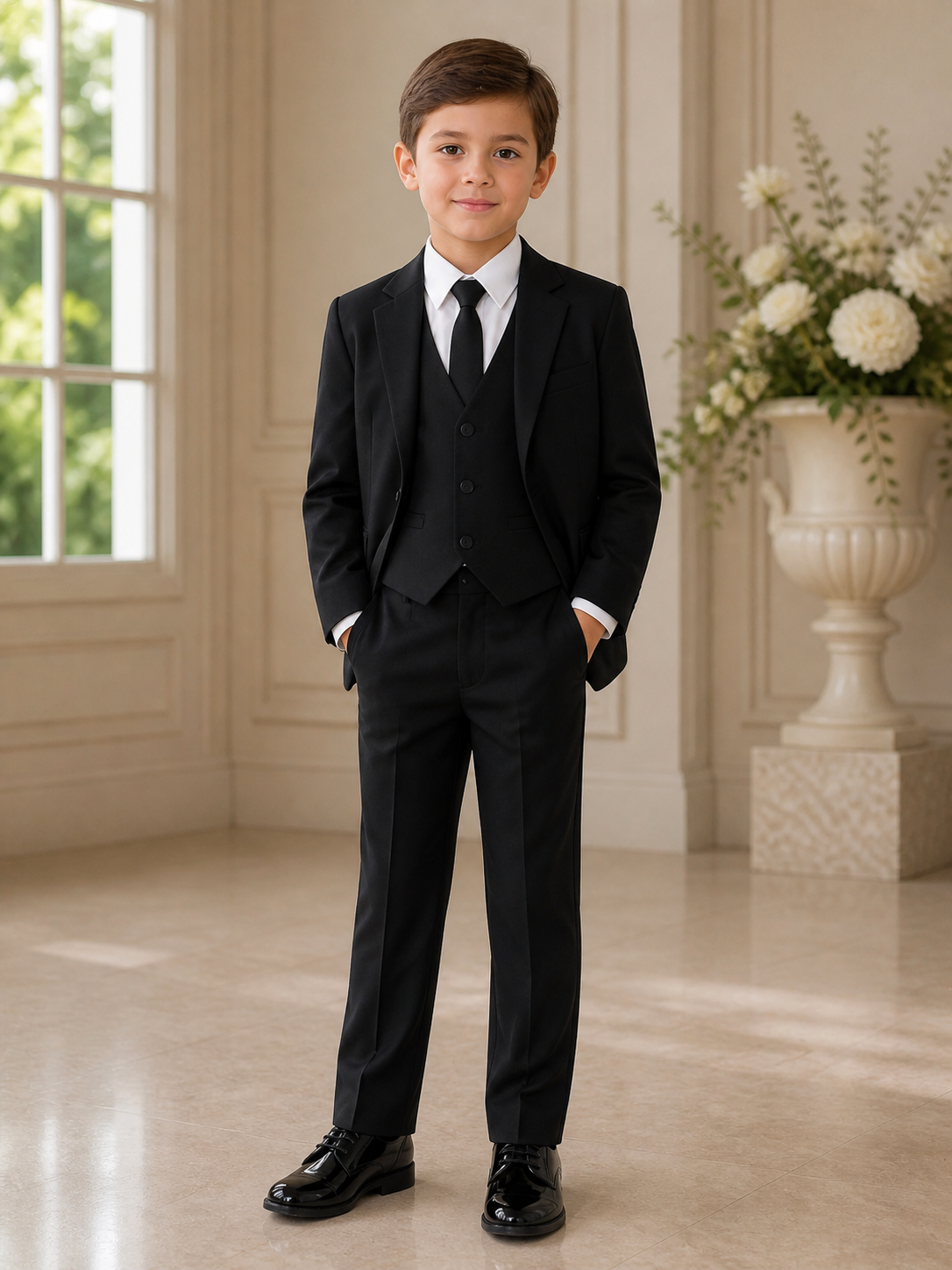 Boys Classic Black Ivory 5-Piece Formal Suit Set
