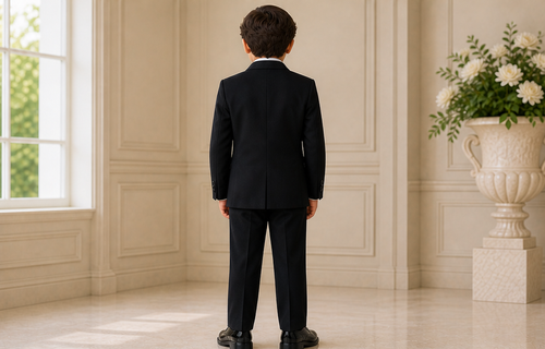 Boys Black Tuxedo Suit with Satin Buttons, Vest, Bow Tie & White Dress Shirt