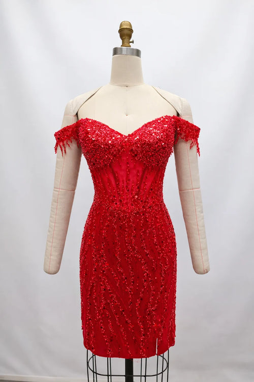 Off-Shoulder Beaded Corset Sequin Short Homecoming Dress with Fringe Trim by Trevi TS3050C
