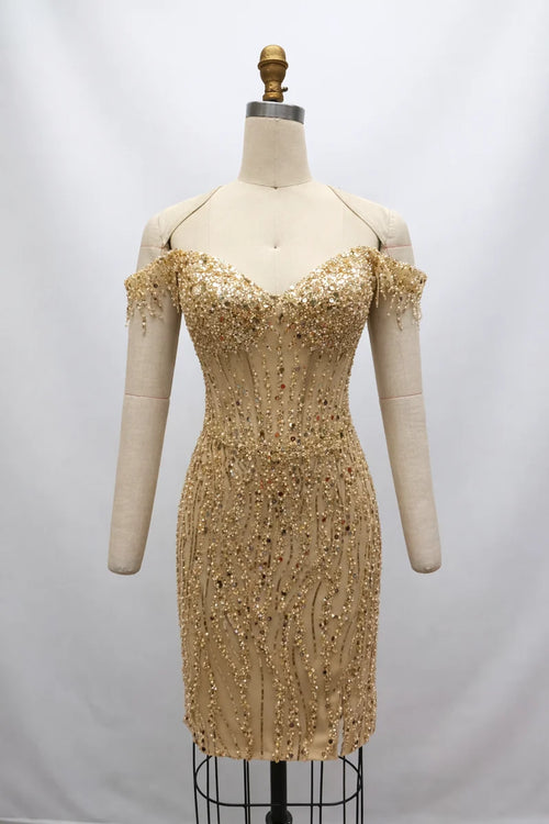 Off-Shoulder Beaded Corset Sequin Short Homecoming Dress with Fringe Trim by Trevi TS3050C