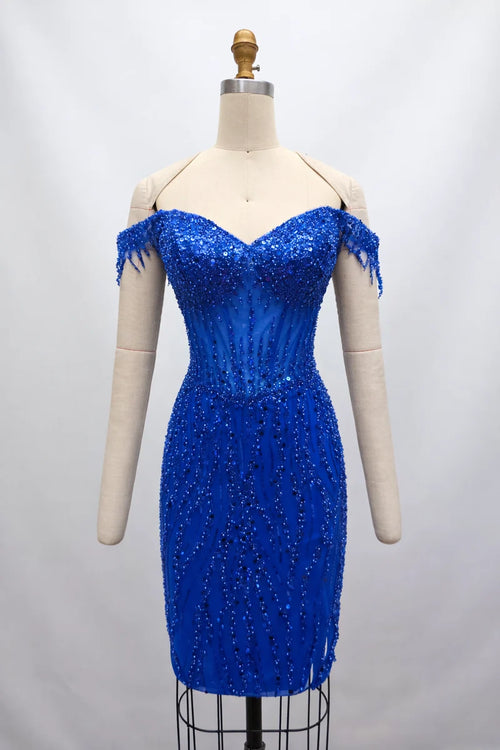 Off-Shoulder Beaded Corset Sequin Short Homecoming Dress with Fringe Trim by Trevi TS3050C