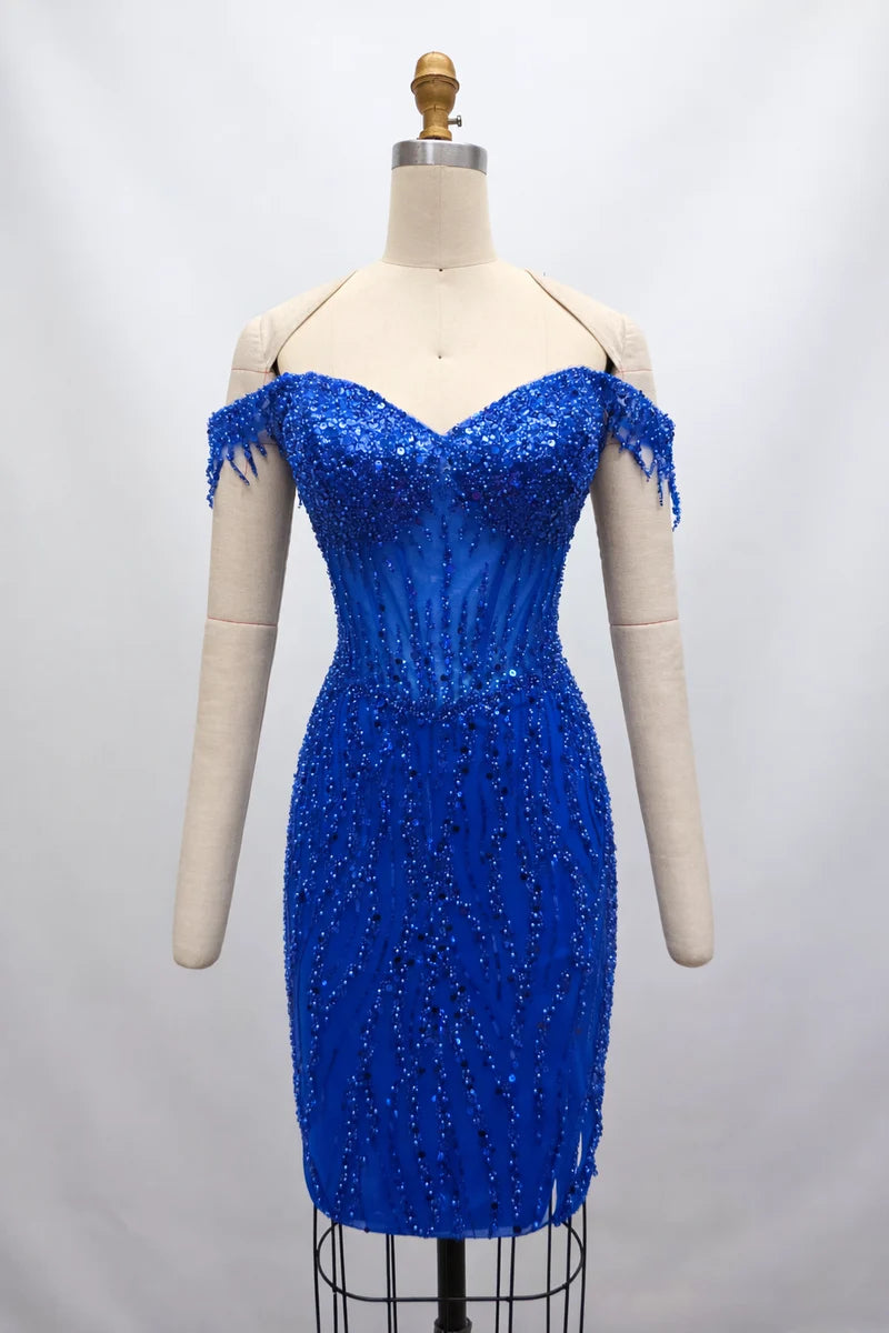 Off-Shoulder Beaded Corset Sequin Short Homecoming Dress with Fringe Trim by Trevi TS3050C