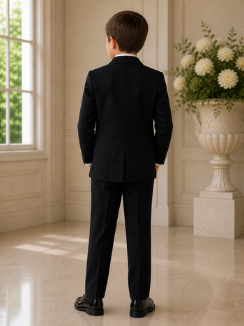 Boys Black Formal Suit with Gold Tie and Pocket Square