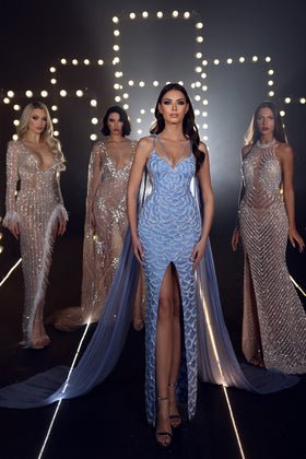 Chic and Holland AF330093 V-Neck Spaghetti Strap Beaded Column Prom Gown with Slit