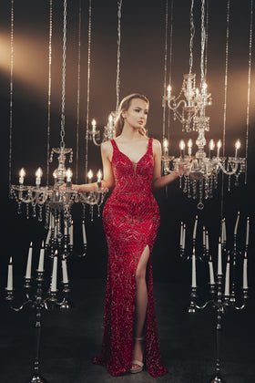 Chic and Holland AF330116 Plunging V-Neck Beaded Column Prom Gown with Open Back and Slit