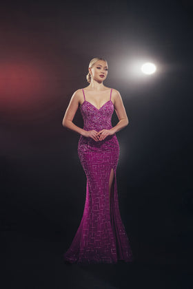 Chic and Holland AF330141 Plunging V-Neck Beaded Column Prom Gown with Slit