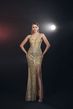Chic and Holland AF330165 Beaded Column Prom Gown with Low Back and Slit