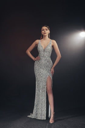 Chic and Holland AF330184 V-Neck Beaded Evening Gown with Slit