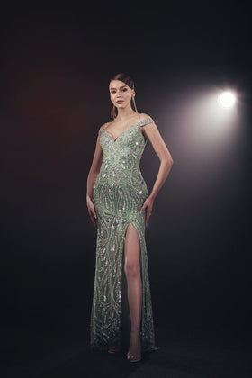 Chic and Holland AF330189 Off-the-Shoulder Beaded Prom Gown with Low Back and Slit