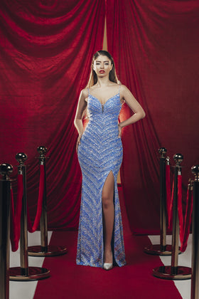 Chic and Holland AF330191 V-Neck Beaded Sheath Prom Gown with Slit