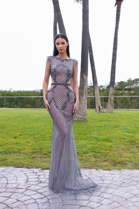 Chic and Holland AR330265 Boat Neck Cap Sleeve Beaded Mermaid Evening Gown with Train