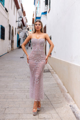 Chic and Holland AR330276 Strapless Embroidered Sheath Evening Gown with Low Back