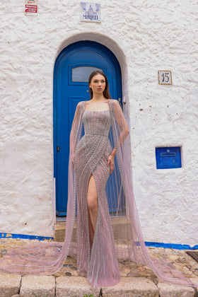 Chic and Holland AR330298 Straight Neckline Cape Sleeve Beaded Evening Gown with Slit